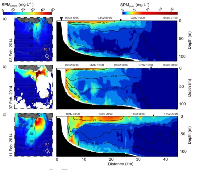 Figure 6 – Left panels: Surface SPM concentrations retrieved from satellite data. The distance  from the coast (km)  and along the glider track  is shown  in  black