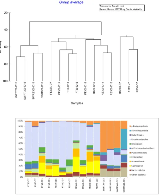 Fig. 6. Comparison of bacterial communities in larvae rearing experiments. Dendrogram built from a cluster analysis of all samples (Bray–Curtis similarity index) (A) and taxonomic composition (B).