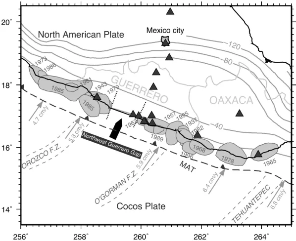 Figure 1. Seismotectonic map [after Kostoglodov et al. (2003)] and GPS station location (black triangles)
