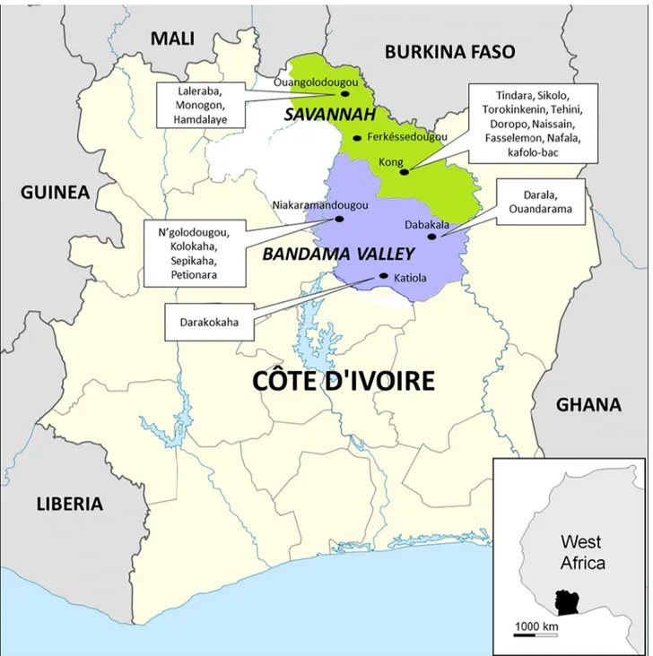 Fig 1. Map of Côte d ’ Ivoire showing the regions, cities and villages where the ticks were collected for our study.