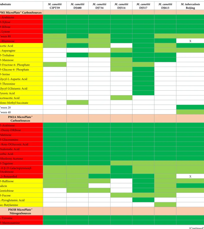 Table 3. Carbone and nitrogen substrates metabolized by six M. canettii strains compared with one M