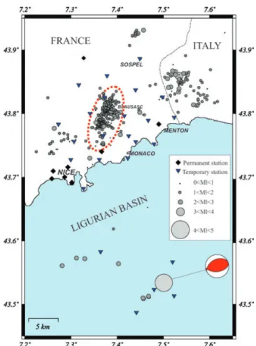 Figure 5. Number of earthquakes recorded per month by the permanent and the temporary networks during the SALAM campaign (2000 October 15 to 2001 April 15).