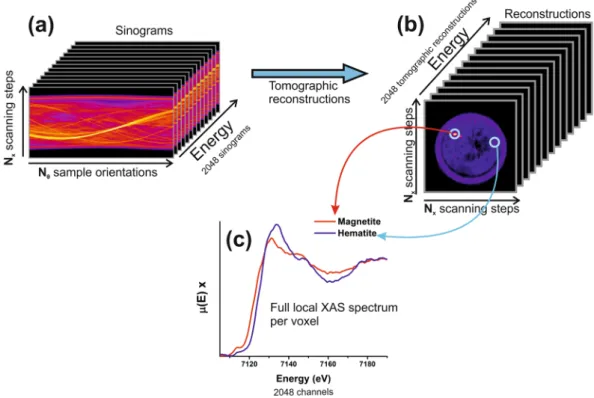 Figure 3.  Dataset analysis workflow. Detector pixel by pixel, (a) 2D maps of N X × N θ , called sinograms are  build