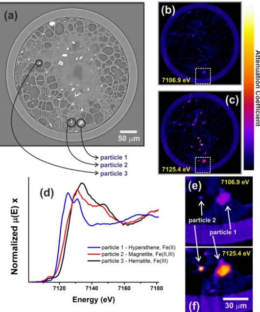 Figure 4 compares a tomographic slice by μED-XAS (Fig. 4b,c) to those from absorption X-ray synchrotron  microtomography (XCT) scans performed at the TOMCAT (Fig. 4a) beamline where 10 times higher spatial  resolution is achievable