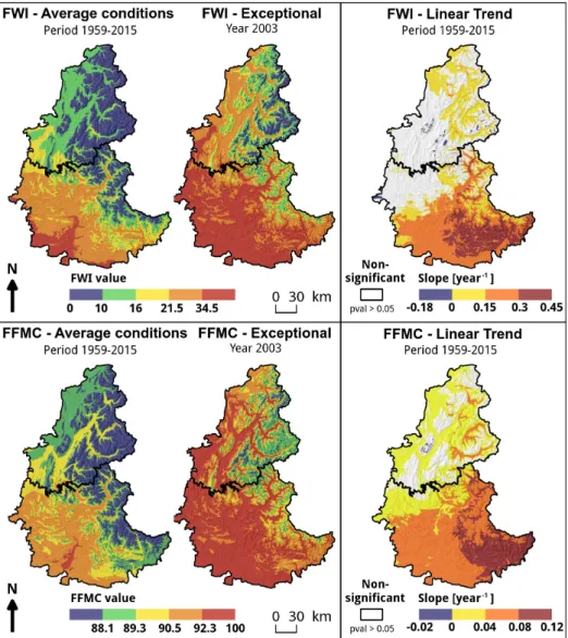 Figure 5: Maps of the intensity of the fire weather observed during the period 1959–2015