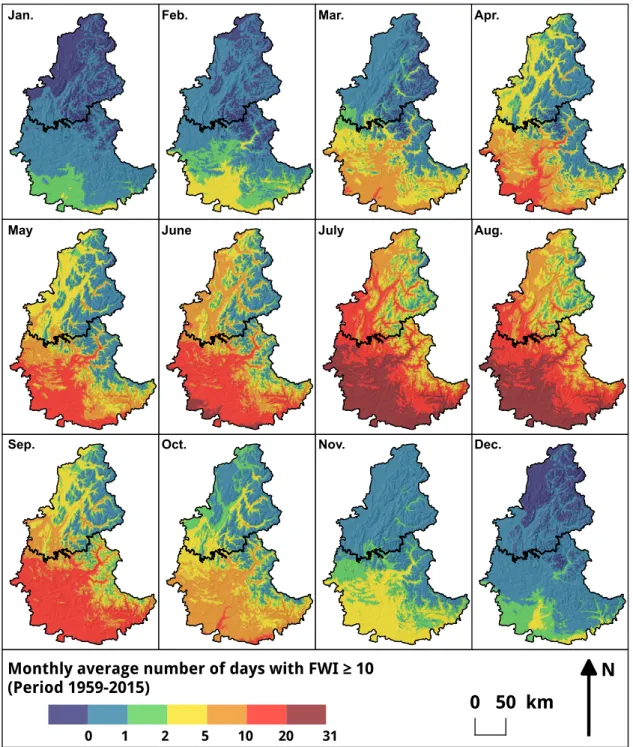Figure A.1: Maps of average number of days with FWI ≥ 10 for each month (period 1959–2015).