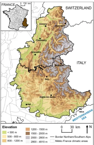 Figure 1: Map of the French Alpine area. The border between Northern French Alps and Southern French Alps is delimited with a thick black line.