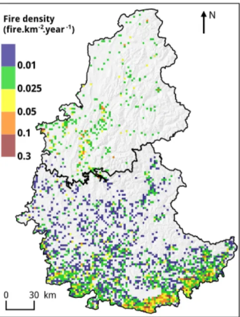 Figure 3: Map of the fire density computed from BDIFF and Prom´eth´ee fire databases. Resolution: 2 km × 2 km.