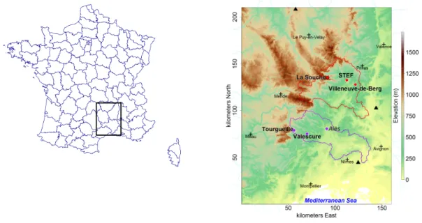 Figure 1. Cévennes-Vivarais region. The crosses indicate the main cities. The dots represent the OTT  Parsivel disdrometers considered in this study