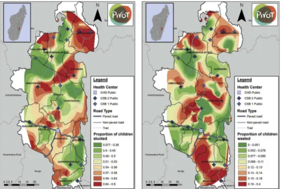 Figure 1. Geographic distribution of stunting (HAZ &lt; − 2) and wasting (WHZ &lt; − 2) in Ifanadiana district, by quantiles of each indicator.