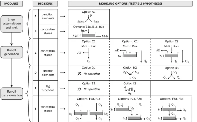 Figure 3. Overall architecture (modules), decision tree and available modelling options of the modular multiple-hypothesis framework (P: