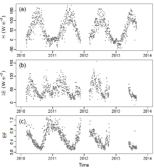Figure 5. Seasonal evolution of the land surface fluxes at the daily timescale. (a) Sensible heat flux  (H); (b) Latent heat fluxes (λE); (c) Evaporative fraction (EF)