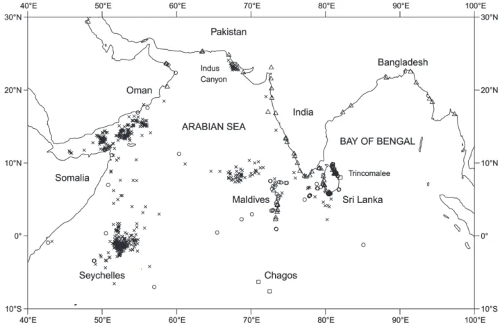 Fig. 1. Northern Indian Ocean location map, showing all known positions of blue whales catches (crosses, n = 1,288), sightings (circles, n = 396), strandings (triangles, n = 64) and acoustic detections (squares, n = 6 locations)