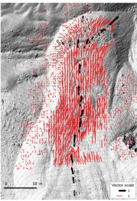 Figure 2. Surface velocity (m/yr) on the Laurichard rock glacier for the period 2011–2012 quantified by image correlation on DEMs (red lines) and by ground topographic (total station and DGPS) measurements of marked blocks (black arrows).