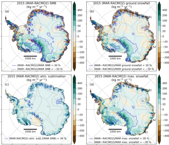 Figure 5. The four maps show mass fluxes in kg m −2 yr −1 for the year 2015. (a) Difference in SMB between MAR and RACMO2