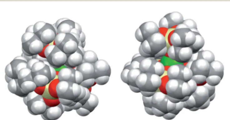 Fig. 5 Space- ﬁ lling representation of [U(OSi(O t Bu) 3 ) 4 ][K18c6] (left) and [U(OSi(O t Bu) 3 ) 4 K] (right)