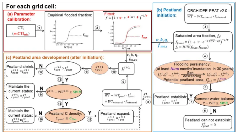 Figure 1. Information flow of dynamic peatland area module in ORCHIDEE-PEAT v2.0. Num is a grid-cell-specific parameter, and SWB and C lim are globally uniform parameters (Sect