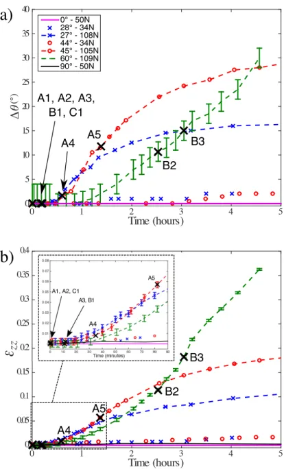 Figure 4: Evolution of the (a) rotation angle ∆θ and (b) strain ε zz against time for mono- mono-crystalline cylinders of ice (single cylinder conguration)