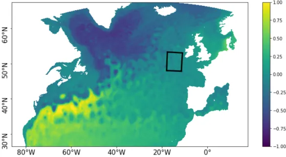 Figure 1. The OSMOSIS region (black box) in an sea surface height (SSH) field (in meters) produced by the NATL60 simulation.