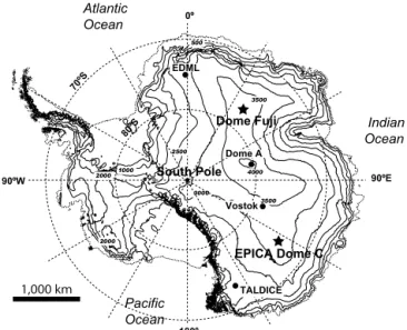 Figure 1. Map of the continent of Antarctica with elevation con- con-tours every 500 m