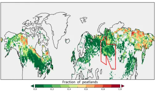 Figure 1. Map of fraction of peatlands as defined in the vegetation map of 0.5 ◦ resolution