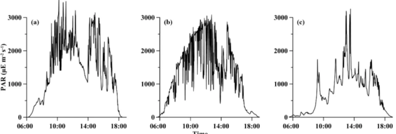 Figure 1. Temporal variations in photosynthetically active radiation (PAR µE m −2 s −1 ) obtained on deck during the experiment periods, (a) for station S0320, (b) for station A3 and (c) for station D5.