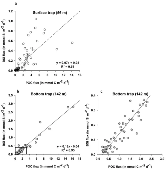 Fig. 8. Correlations between the POC and BSi molar fluxes for in (a) the surface trap (56 m) and (b) the bottom trap (142 m) for all available paired data