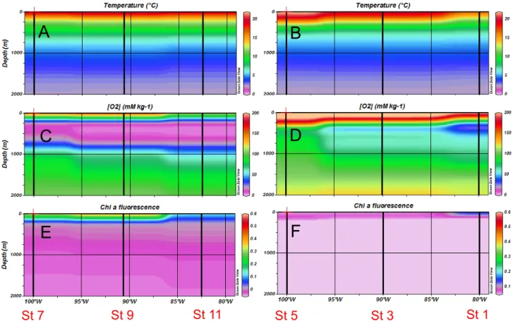 Figure 2. Horizontal and vertical distributions of hydrological and biogeochemical parameters during the 2010 cruise (R/V Atlantis)