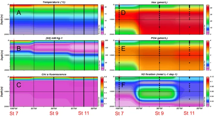 Figure 3. Horizontal and vertical distributions of hydrological and biogeochemical parameters during the 2011 cruise (R/V Melville) – Northern transect (10 6 S)