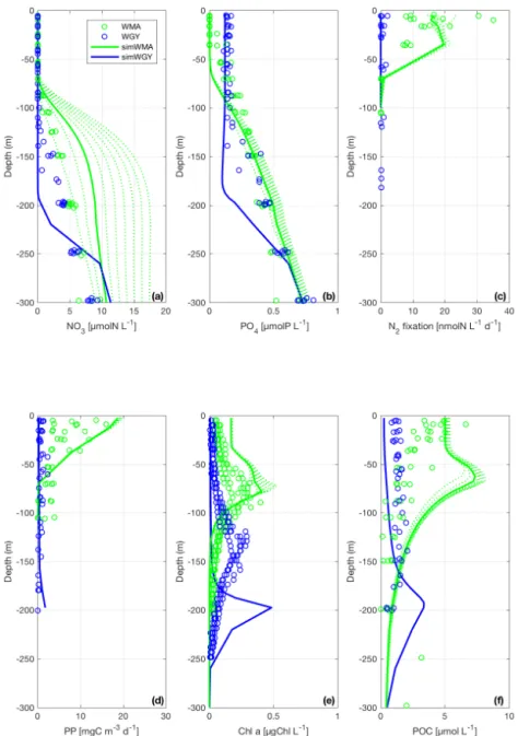 Figure 3. Vertical profiles of (a) dissolved inorganic nitrogen (DIN), (b) dissolved inorganic phosphorus (DIP), (c) N 2 fixation rates, (d) primary production (PP), (e) chlorophyll a (Chl a) and (f) particulate organic carbon (POC) during the OUTPACE crui