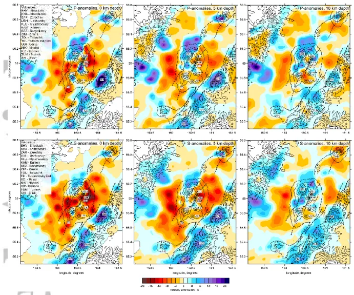 Figure 10. The anomalies of the P and S wave velocity derived from tomographic inversion  in three horizontal sections in the upper crust