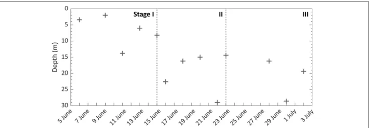 FIGURE 7 | Aggregate scale depth of PAR transmission beneath landfast sea ice over the melt season