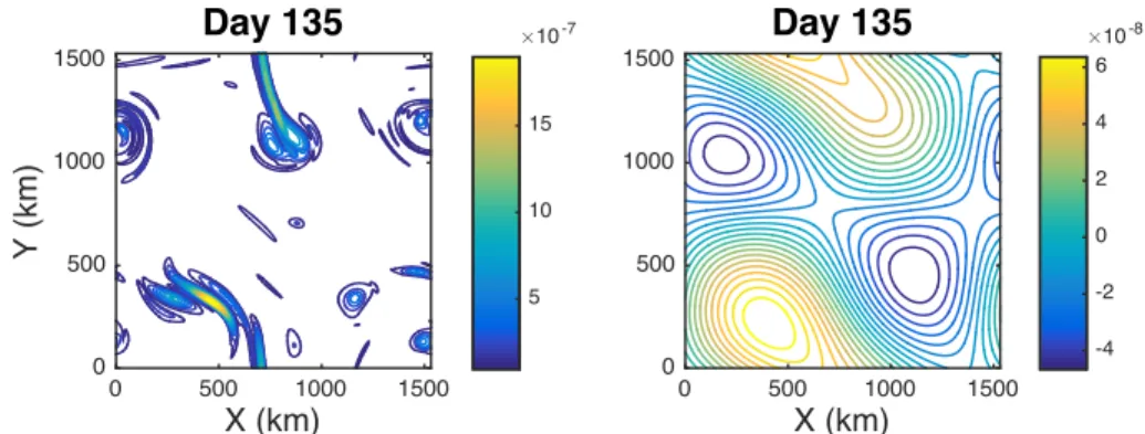 Figure 8. The distribution of dissipation at Day 135 appears on the left. Note that it is concentrated into small areas.