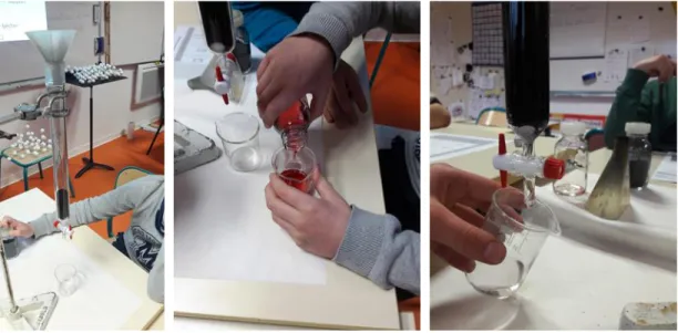 Figure 5 From left to right, steps of the experiment protocol: set up of the equipment, preparation of the column  and grenadine solution, colorless filtrate