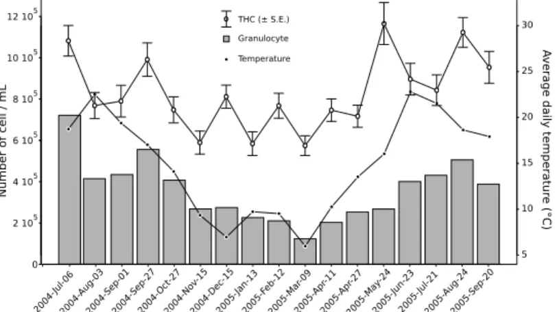 Fig. 3. Evolution of Total Hemocyte Count (THC, bars indicate standard error ), granulo- granulo-cyte concentrations and temperature during the studied period.