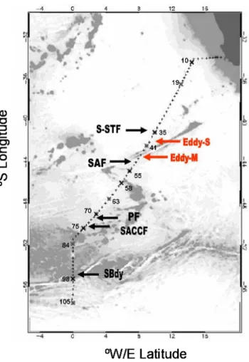 Fig. 1. Location of the stations sampled during the MD166 BONUS-GoodHope cruise. Smaller crosses are for the HYDRO  sta-tions, grey crosses the LARGE stations and black crosses the  SU-PER stations