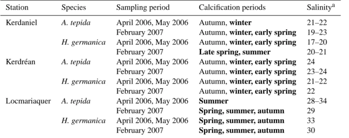 Table 2. Calcification periods of A. tepida and H. germanica in the Auray River estuary