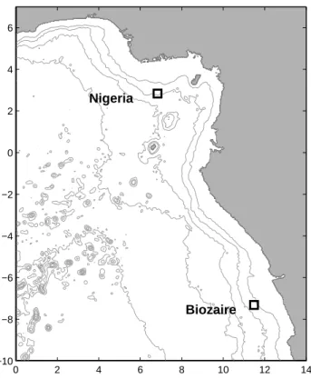 Fig. 1. Bathymetry of the Gulf of Guinea (isobaths 1000, 2000, 3000, 4000 and 5000 m) and position of the mooring sites Biozaire and Nigeria.