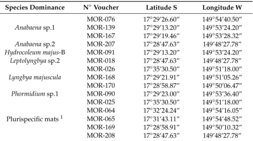 Table 1. Identification of benthic cyanobacterial blooms collected in the lagoon of Moorea Island, according to Zubia et al
