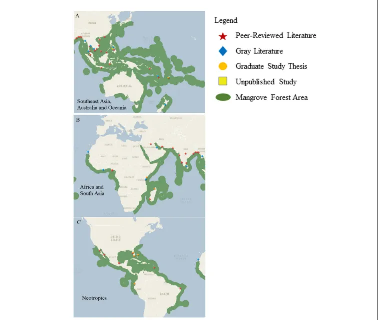 FIGURE 1 | Global distribution of mangrove forests and local site specific mangrove valuation studies published between 2007 and 2016 in (A) southeast Asia, Australia and Oceania, (B) Africa and South Asia and (C) the Neotropics