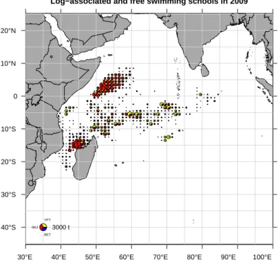 Figure 8: Spatial distribution of tuna catches of the French purse seine fishing fleet in 2009
