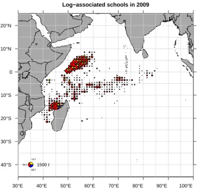 Figure 10: Spatial distribution of tuna catches of the French purse seine fishing fleet made on log-associated schools in 2009