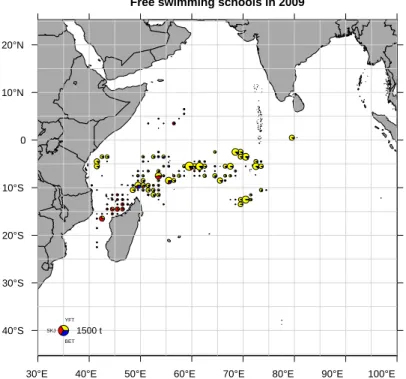 Figure 12: Spatial distribution of tuna catches of the French purse seine fishing fleet made on free swimming schools in 2009