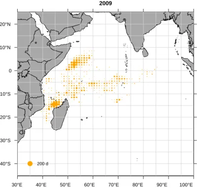 Figure 3: Spatial distribution of fishing effort (in searching days) of the French purse seine fishing fleet in 2009