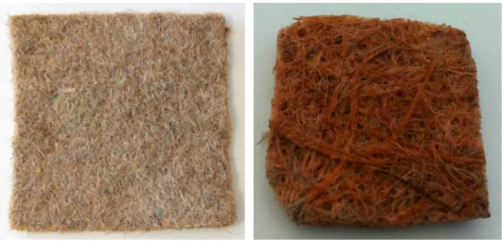Fig. 7    Hemp felt before (left)  and after adsorption (right) in a  solution containing a mixture of  six metals