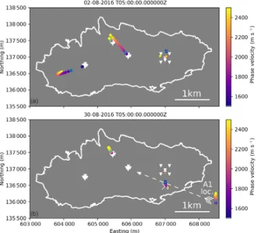 Figure A1. Source locations from MFP (MVDR processor) as a function of phase velocity (colored dots) to assess uncertainties