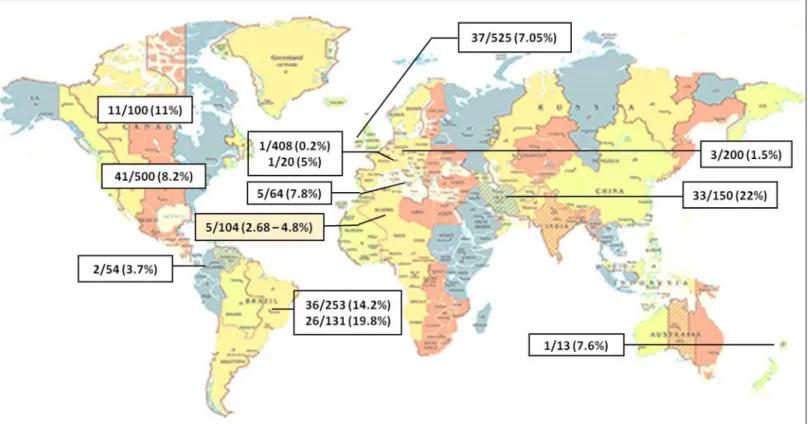 Fig 1. Molecular detection of Leptospira spp. DNA in the urines of dogs, worldwide. Germany, 3/200 (1.5%) [8], the USA, 41/500 (8.2%) [14], Teheran (Iran), 33/150 (22%) [34], Canada, 11% (11/100) [35], Sicily (Italy), 5/64 (7.8%) [36], Ireland, 37/525 (7.0