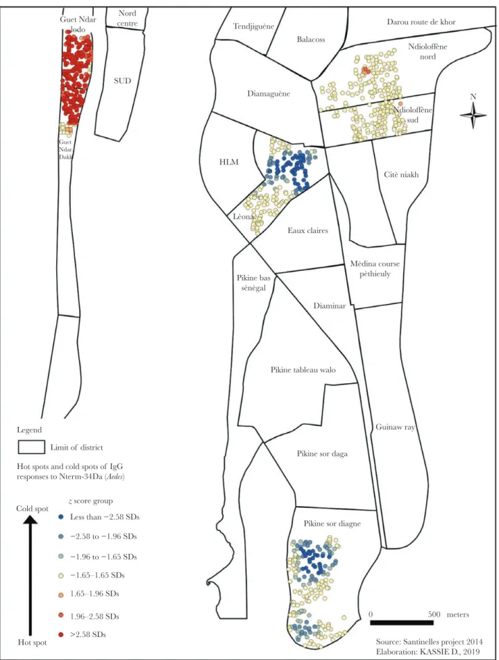 Figure 2.  Hot and cold spots of human immunoglobulin G (IgG) responses to Aedes Nterm–34-kD salivary peptide in Saint-Louis, Senegal, by neighborhood