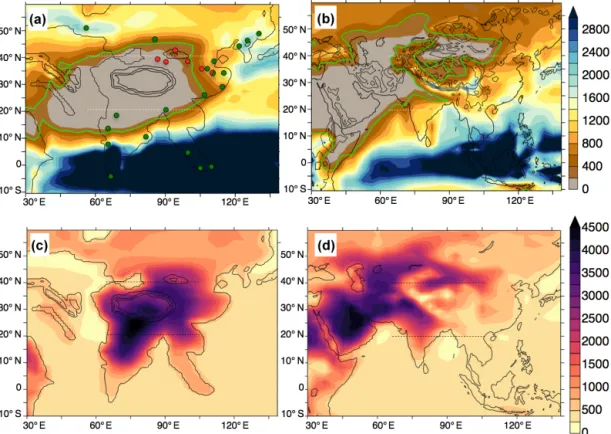 Figure 6. (a, b) Mean annual precipitations (mm yr −1 ) for the (a) EOC4X simulation and (b) the control simulation