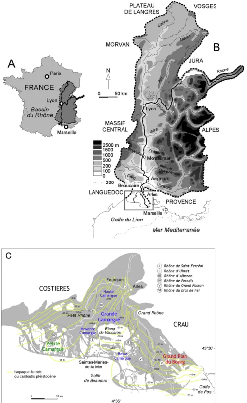 Fig. 1. Caractéristiques physiques du bassin-versant (A et B) et du delta du Rhône (C)